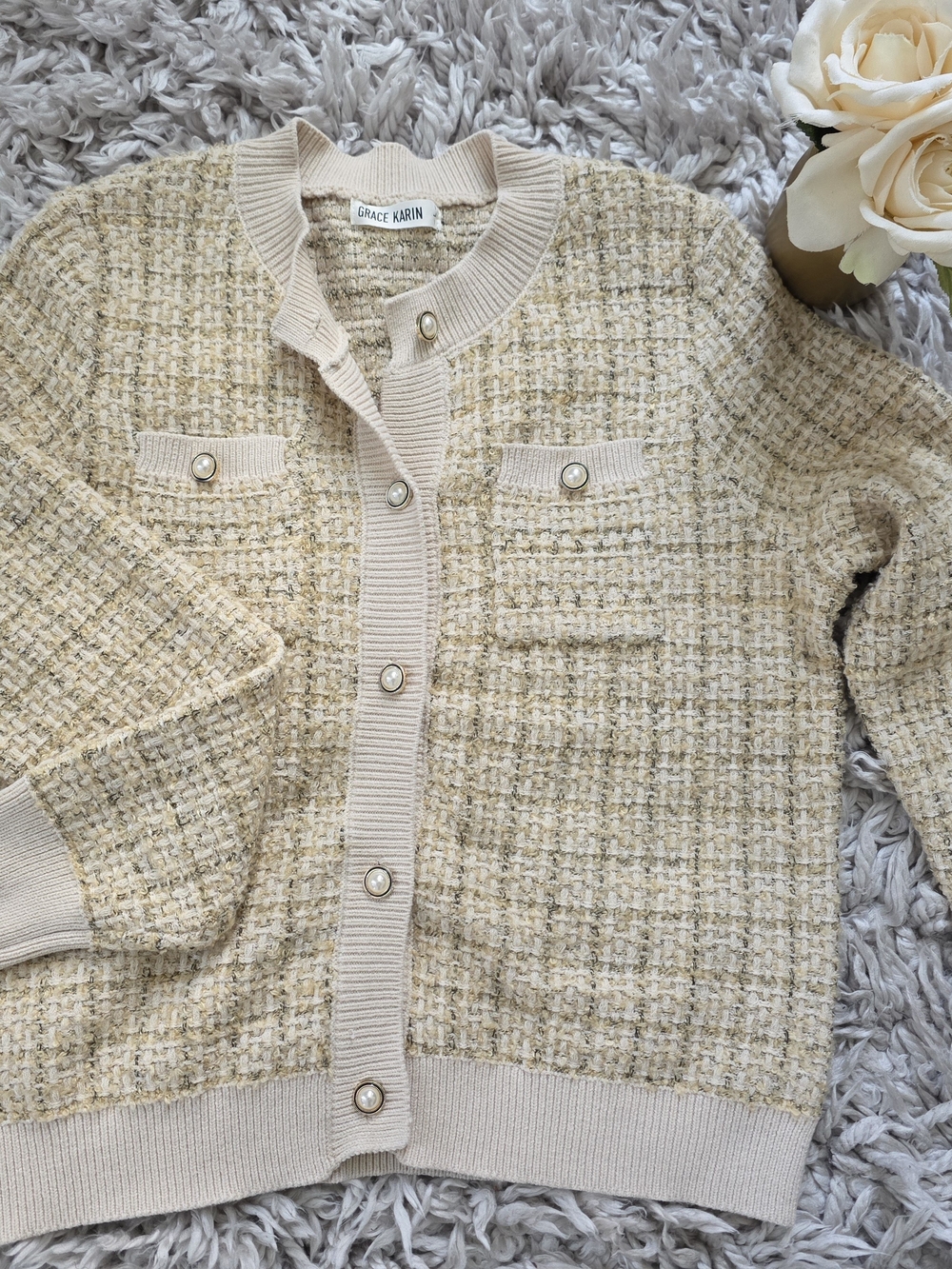 Grace Karin Cream Tweed Cardigan Sz. L